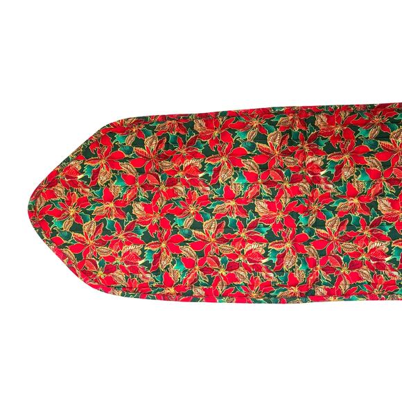 Vintage Handmade Christmas Table Runner Poinsettia 68"x 12" Quilted Red Green - Picture 2 of 4